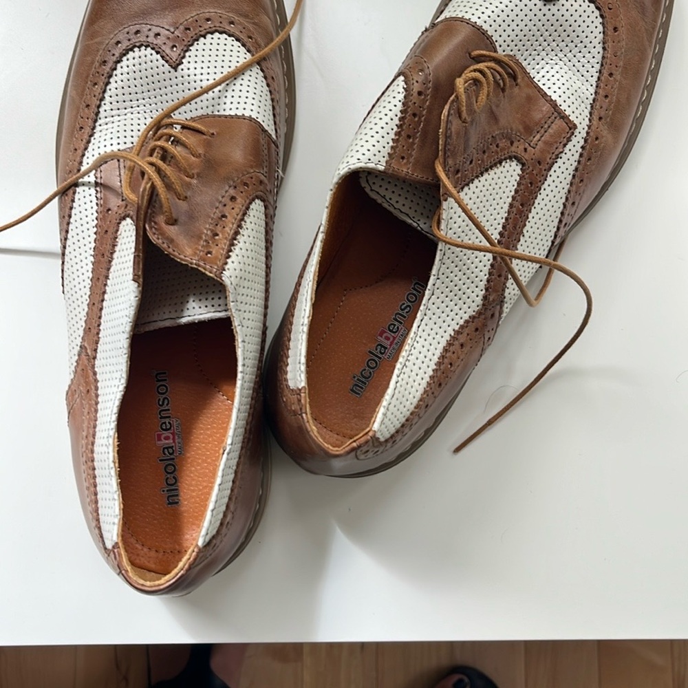 Italian Brown and White Wingtip Oxford Shoes with Brogue Detailing